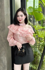 Áo kiểu von lệch vai đai cổ họa tiết hoa cao cấp