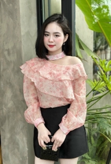 Áo kiểu von lệch vai đai cổ họa tiết hoa cao cấp