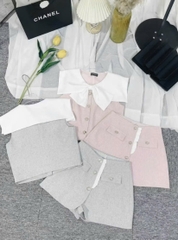 Sét chân váy ngắn cổ nơ cao cấp