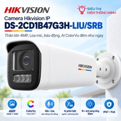 Camera Hikvision IP DS-2CD1B47G3H-LIU/SRB (Thân lớn 4MP, Loa mic, báo động, AI ColorVu đêm như ngày)