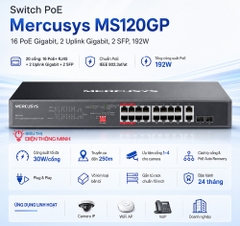 Switch PoE Mercusys MS120GP (16 PoE Gigabit, 2 Uplink Gigabit, 2 SFP, 192W)