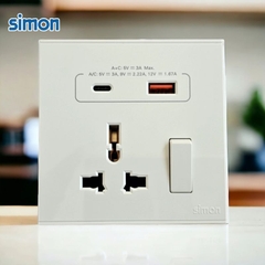 Bộ ổ cắm đa tiêu chuẩn có công tắc và cổng sạc A+C màu Xám (Grey) Simon E6 72E7253-61
