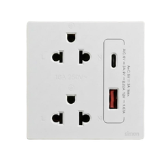 Bộ ổ cắm đôi chuẩn Âu Mỹ kèm cổng sạc A+ Type C màu trắng Simon S6 58E7251
