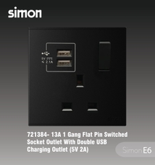 Simon E6 Simon E6 Bộ ổ cắm kiểu Anh 13A có cổng sạc USB (Đen), 721384-26