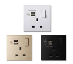 Bộ ổ cắm kiểu Anh 13A có cổng sạc USB màu Sâm Panh (Champagne) Simon E6 721384-46