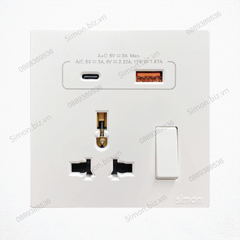 Bộ ổ cắm đa tiêu chuẩn có công tắc và cổng sạc A+ Type C màu trắng Simon S6 58E7253