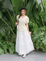 V3989 - V dài bèo xếp li lưng thun phối ren