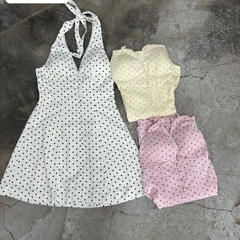 D6296- 	Đầm yếm lụa chấm bi cổ phối ren