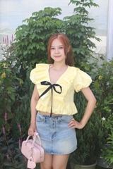 A29915- Áo kiểu dập li đính nơ trước
