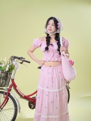 SE2133- SE 2 món Áo kiểu smocking eo kèm chân váy dài tầng
