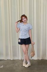 A30035- Áo so mi cổ sen đôi phối ren xếp li xô thêu