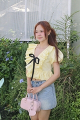 A29915- Áo kiểu dập li đính nơ trước