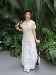 V3989 - V dài bèo xếp li lưng thun phối ren