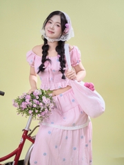 SE2133- SE 2 món Áo kiểu smocking eo kèm chân váy dài tầng