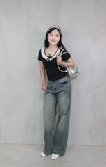 A29019 - A thun gân TN dún thun ngực ren cổ