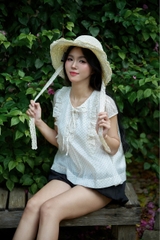 A29784- Áo kiểu phối bèo buộc nơ