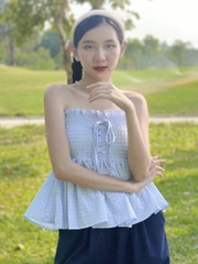 A25362 - A kiểu smocking buộc nơ 1203, caro xanh biển