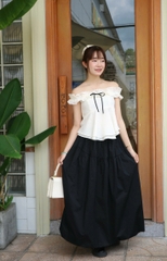 A27410 - A kiểu bẹt vai dún bèo buộc nơ smocking sau