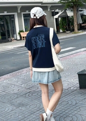 A27580 - A thun cổ tròn phối lai thêu kí hiệu hoa
