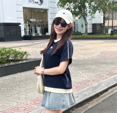 A27580 - A thun cổ tròn phối lai thêu kí hiệu hoa
