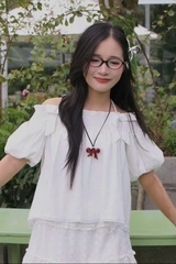 A27857 - A kiểu bẹt vai smocking 2 nơ