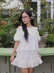 A27857 - A kiểu bẹt vai smocking 2 nơ