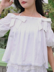 A27857 - A kiểu bẹt vai smocking 2 nơ