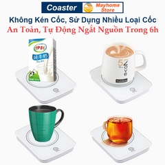 Bộ Đế Hâm Nóng Coaster & Cốc Thìa Giữ Thiệt Độ Ổn Định 55ºC, Làm Nóng Sữa, Trà, Cà Phê,  Nước ..., Làm Ấm Mọi Chất Liệu