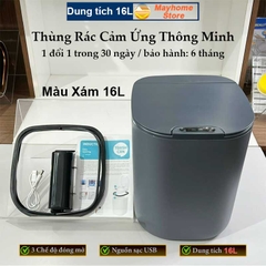 Thùng Rác Cảm Ứng Tự Động Thông Minh Pin Sạc Cổng USB Bản Nâng Cấp 2022 Cảm Ứng Kép 3 Chiều Dung tích 14L Chống Nước Tốt