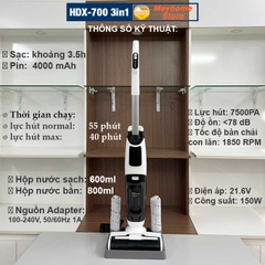 Máy Hút Bụi Lau Nhà Khô Ướt Cầm Tay Không Dây 3in1 HDX700 Pin Khủng 4000 mAh hoạt động liên tục 55 phút lực hút 7500Pa