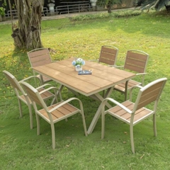 Bộ Bàn Ngoài Trời Nhôm Đúc Polywood Chân Chữ X 6 Ghế ND22