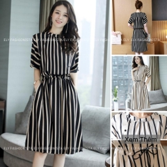 Váy kẻ nữ suông dáng dài tay cánh rơi eo rút Thiết Kế cao cấp phong cách hàn quốc cổ phối màu hiện đại ELY200