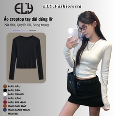 Áo croptop nữ tay dài cổ tròn vải thun coton co giãn 4 chiều kiểu basic dáng ôm body màu đen đẹp ELY278