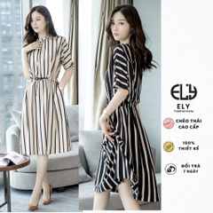Váy kẻ nữ suông dáng dài tay cánh rơi eo rút Thiết Kế cao cấp phong cách hàn quốc cổ phối màu hiện đại ELY200