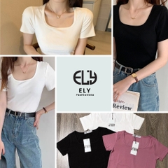 Áo phông nữ cổ vuông ngắn tay ôm sát body cotton thun trơn basic màu đen trắng ELY cao cấp  co giãn đi chơi đi làm ELY22