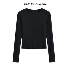 Áo croptop nữ tay dài cổ tròn vải thun coton co giãn 4 chiều kiểu basic dáng ôm body màu đen đẹp ELY278