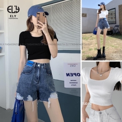 Áo croptop cổ vuông nữ ELY  thun ôm body tanktop 3 lỗ cộc tay cao cấp nhiều màu đen trắng tím nâu hồngELY218