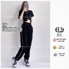 Quần jogger nữ trơn cạp chun chất Mỳ Hàn Cao Cấp ELY viền ly đứng dáng nổi bật phong cách thể thao ELY216