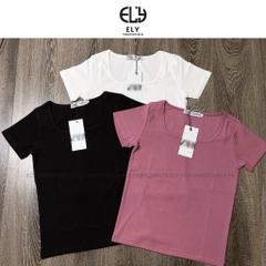 Áo phông nữ cổ vuông ngắn tay ôm sát body cotton thun trơn basic màu đen trắng ELY cao cấp  co giãn đi chơi đi làm ELY22