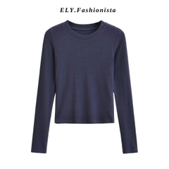 Áo croptop nữ tay dài cổ tròn vải thun coton co giãn 4 chiều kiểu basic dáng ôm body màu đen đẹp ELY278