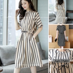 Váy kẻ nữ suông dáng dài tay cánh rơi eo rút Thiết Kế cao cấp phong cách hàn quốc cổ phối màu hiện đại ELY200