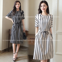 Váy kẻ nữ suông dáng dài tay cánh rơi eo rút Thiết Kế cao cấp phong cách hàn quốc cổ phối màu hiện đại ELY200