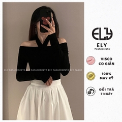 Áo thun nữ trễ vai tay dài chất  thun cotton dẻo cao cấp co giãn 4 chiều cách điệu áo phông nữ đi làm đi chơi  ELY105