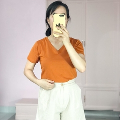 Áo phông nữ ELY trơn cổ tim ngắn tay dáng suông cotton basic đẹp trắng cao cấp, áo  thun nữ cổ V cộc tay đen ELY205
