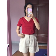 Áo phông nữ ELY trơn cổ tim ngắn tay dáng suông cotton basic đẹp trắng cao cấp, áo  thun nữ cổ V cộc tay đen ELY205