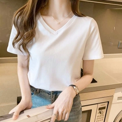 Áo phông nữ ELY trơn cổ tim ngắn tay dáng suông cotton basic đẹp trắng cao cấp, áo  thun nữ cổ V cộc tay đen ELY205