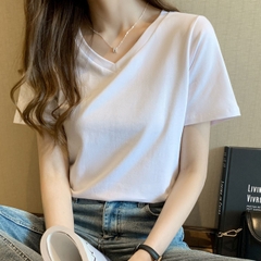 Áo phông nữ ELY trơn cổ tim ngắn tay dáng suông cotton basic đẹp trắng cao cấp, áo  thun nữ cổ V cộc tay đen ELY205