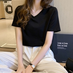 Áo phông nữ ELY trơn cổ tim ngắn tay dáng suông cotton basic đẹp trắng cao cấp, áo  thun nữ cổ V cộc tay đen ELY205