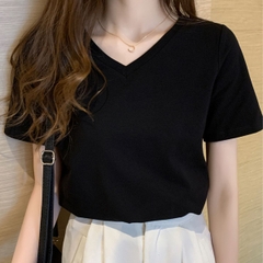 Áo phông nữ ELY trơn cổ tim ngắn tay dáng suông cotton basic đẹp trắng cao cấp, áo  thun nữ cổ V cộc tay đen ELY205