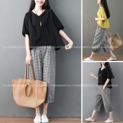 Sét đồ bộ nữ Bomber caro mặc nhà áo chất thô đũi tay lỡ quần kẻ caro chất thô  cao cấp ống suông năng động  ELY003